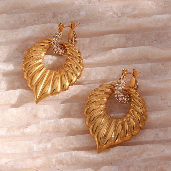 Zircon Micro Pave Chunky Palm Leaf Drop Statement Earrings‎ 18K Gold Plated - Picture 1 of 7